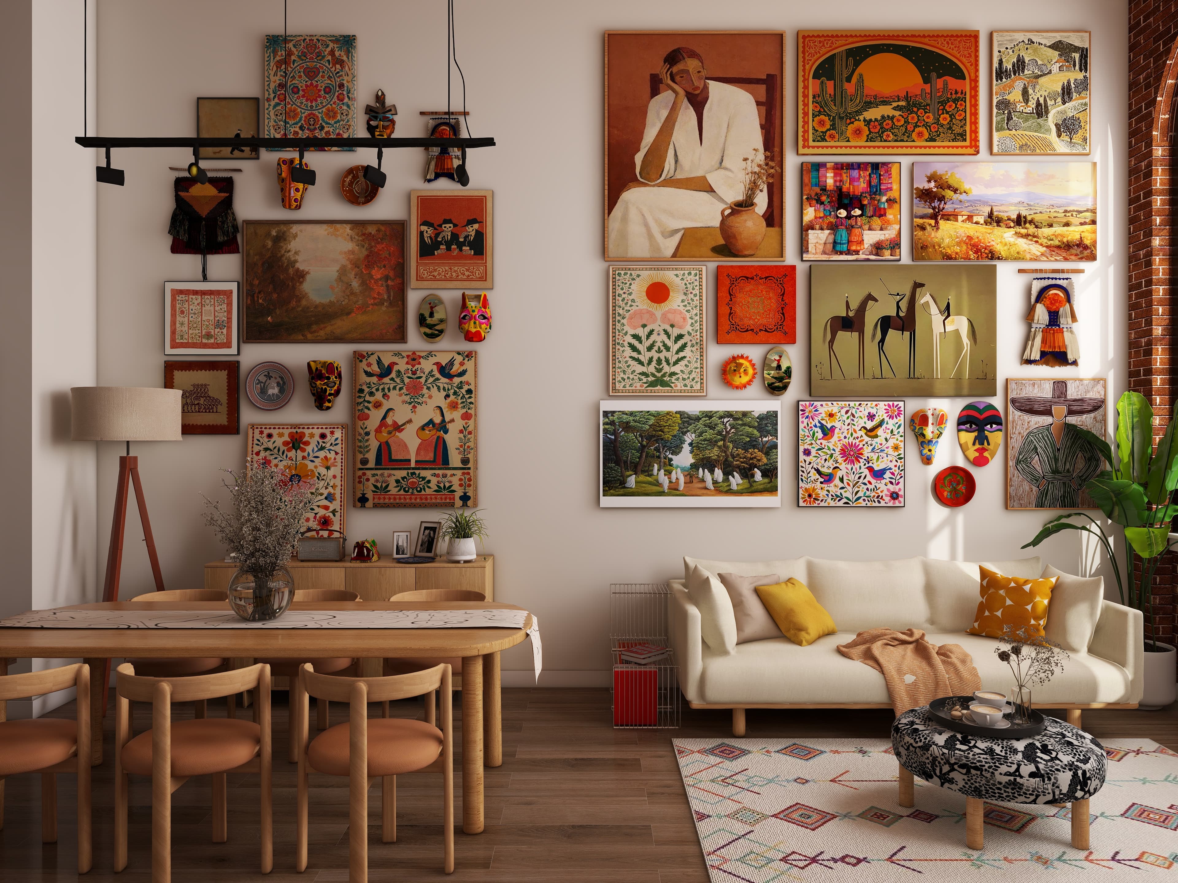 Maximalist Folk Art Loft — Gallery Wall & Open Living Room — Residential Interior Design project by Lumo Loft Studio