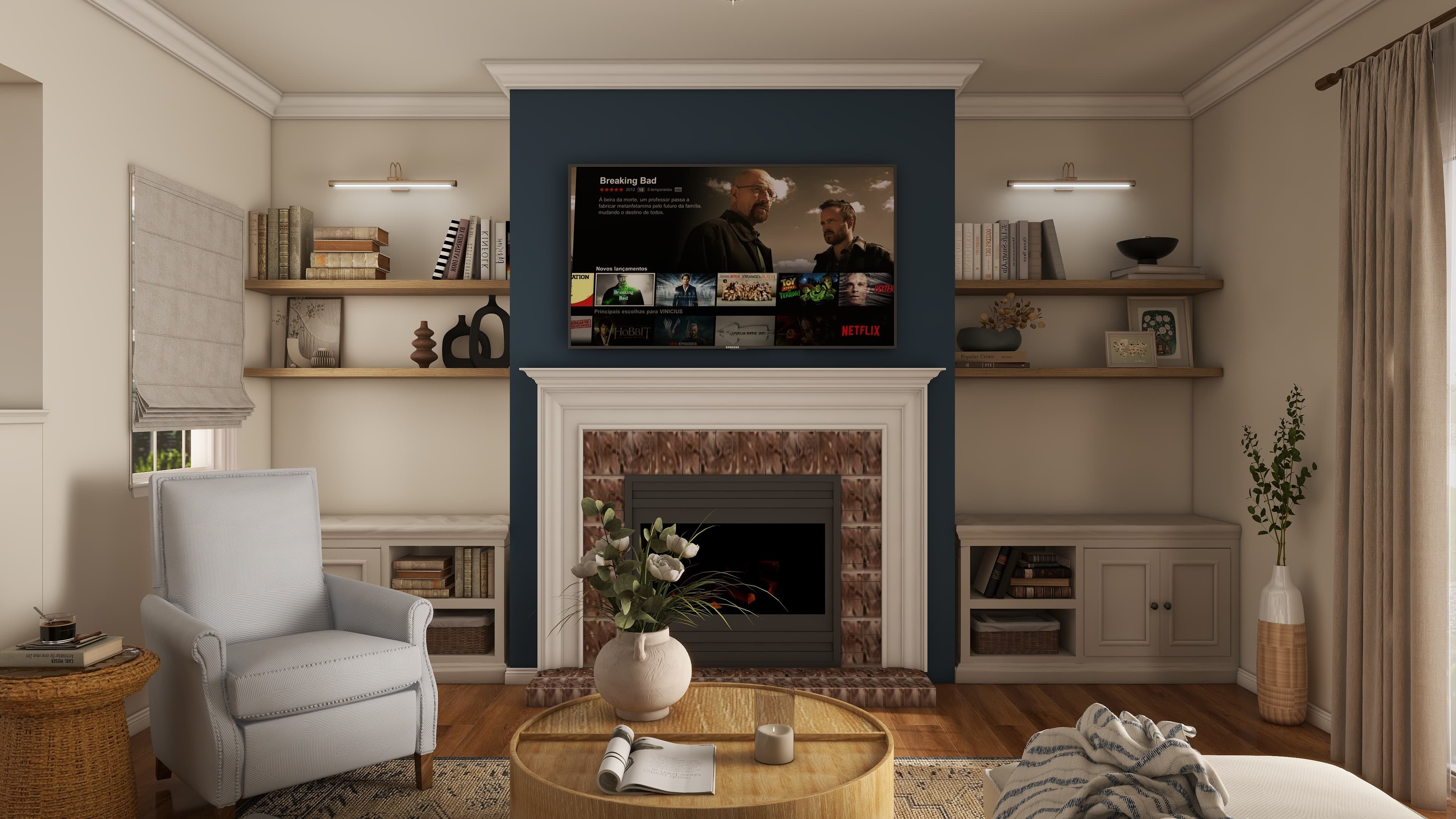 Modern Transitional Living Room with Fireplace — Residential Interior Design project by Lumo Loft Studio