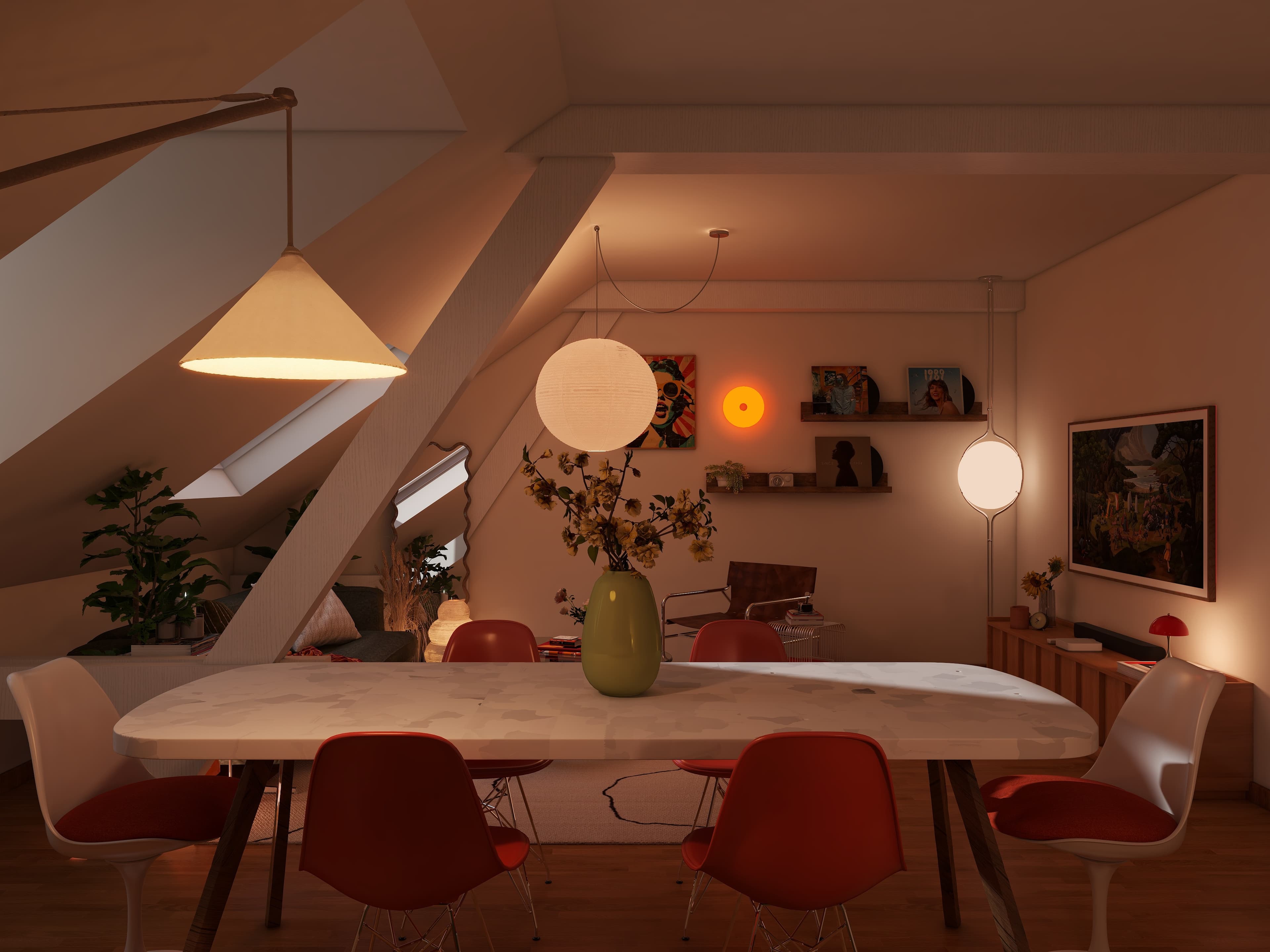 MCM Attic Living & Dining — Olive, Red & Warm Oak — interior design project by Lumo Loft Studio